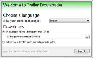 The first run dialog of 'Trailer Downloader'.